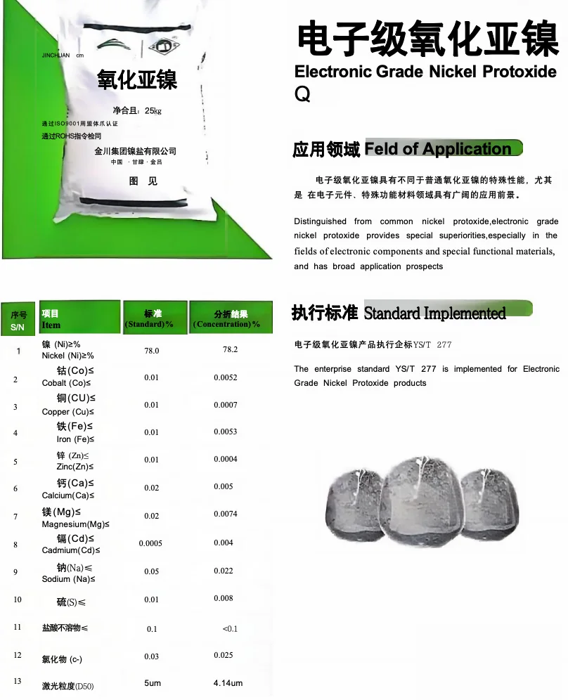 Representative electronic grade nickel oxide specification sheet